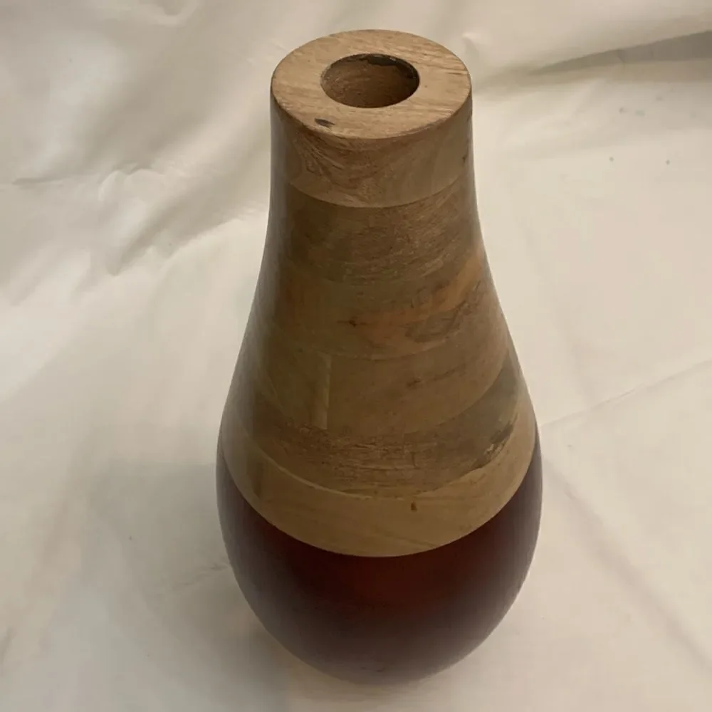 India Wood Handcrafted Vase 15 Inches Tall 2 Toned Accent Floral Decorative